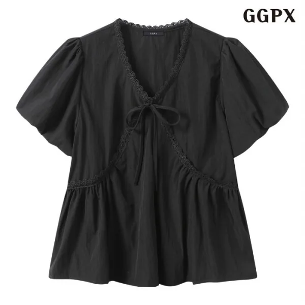 GGPX 리본 포인트 브이넥 벌룬 반팔 블라우스 GQBBA003D 가격 추이 GGPX 리본 포인트 브이넥 벌룬 반팔 블라우스 GQBBA003D - 최저가 9,470원